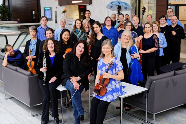 Cordancia Chamber Orchestra, with co-founders Kathleen Suher and Pia Liptak and conductor Rachel Lauber in front