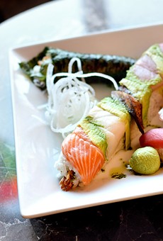 A spicy tuna handroll, chef's specialty rainbow roll, and nagiri (left to right) at Banzai Sushi & Cocktail Bar, now open in the South Wedge.