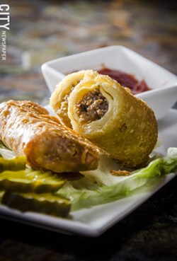 Cheeseburger egg rolls from East/West kitchen. - PHOTO BY MARK CHAMBERLIN