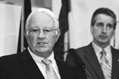 City attorney Tom Richards, left, and Mayor Bob Duffy, announcing the send-off. - PHOTO BY KRESTIA DEGEORGE