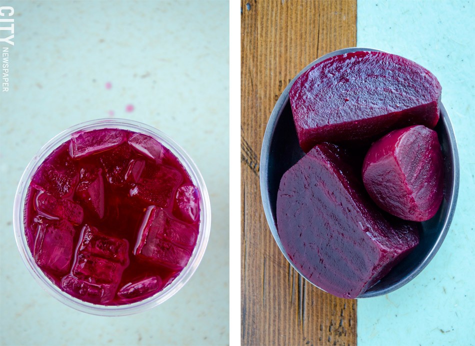 Left: Ginger-beet infused water. - Right: Pickled beets. - PHOTOS BY MARK CHAMBERLIN