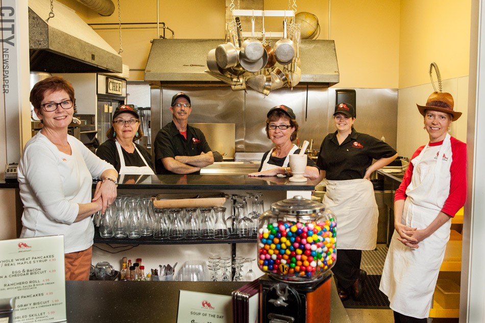 (left to right) Diane Brinkman (Manager/Owner), Leslie Brinkman Del Popolo (kitchen prep), Gerry Brinkman (Chef/Owner), Jeanne Brinkman Grinnan (kitchen prep), Anna Brinkman (sous chef), Brenda Robak (baker). - PHOTO BY JOHN SCHLIA