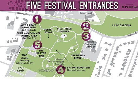 Map showing the five entrances into the upcoming Rochester Lilac Festival. - PHOTO PROVIDED BY MONROE COUNTY PARKS
