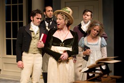 Nicole Underhay as Lady Croom, Gray Powell as Septimus Hodge, Sanjay Talwar as Captain Brice, RN, Andrew Bunker as Ezra Chater and Kate Besworth as Thomasina Coverly in Arcadia. PHOTO BY DAVID COOPER