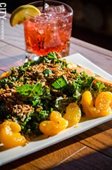 PHOTO BY MARK CHAMBERLIN - Park Ave Cosmo and the kale salad (kale, crispy sweet potato, mandarin oranges, and house wasabi ginger dressing).