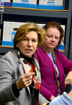 Randi Weingarten (left) visited World of Inquiry school #58 to talk with teachers and parents, including parent Roberta Brunelle (right). - PHOTO BY MATT DETURCK