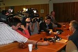 PHOTO BY KRESTIA DEGEORGE - Rochester City School District Superintendent Manuel Rivera is besieged with questions from local media after Thursdays three-hour board meeting.