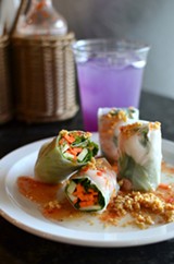 PHOTO BY MATT DETURCK - Shrimp spring rolls and a Thai lime tea.
