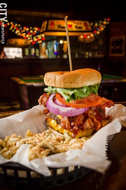 The Double Bacon Chicken Cheeseburger (a cheeseburger, bacon, and chicken fingers on a roll) with mac salad, from Marshall Street. - PHOTO BY MARK CHAMBERLIN