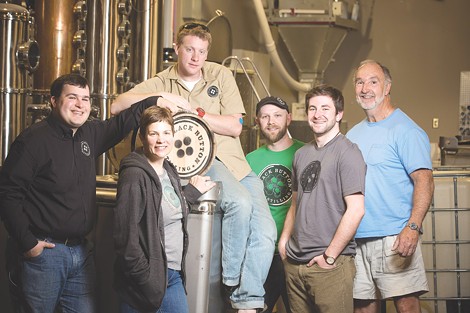 The team at Black Button Distilling includes: Jason Barrett, Nicole Noce, Tom Stock, - Derek Carlson, Zach Cedruly, William Mayes. - PHOTO BY MIKE HANLON