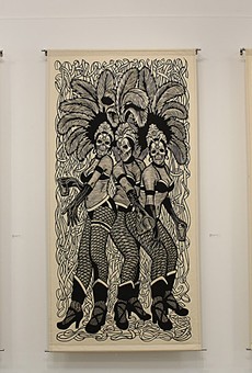 Three massive woodcut prints by Mike Houston of Cannonball Press are part of the “Dirty Dozen: The Outlaw Printmakers” exhibit currently on view at Rochester Contemporary.