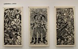 PHOTO PROVIDED - Three massive woodcut prints by Mike Houston of Cannonball Press are part of the “Dirty Dozen: The Outlaw Printmakers” exhibit currently on view at Rochester Contemporary.