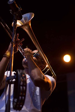 Trombone Shorty performed Saturday, June 29, at the East/Alexander Stage as part of the 2013 Xerox Rochester International Jazz Festival. - PHOTO BY WILLIE CLARK