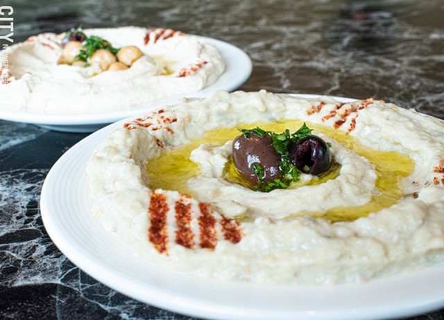 On the mezze (small plate) menu is the Middle Eastern classic baba ganoush: roasted eggplant and yogurt blended into a creamy dip with olive oil. - PHOTO BY JACOB WALSH
