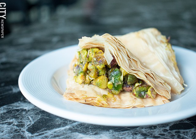 House-made baklava: flaky phyllo dough packed with pistachios and honey. - PHOTO BY JACOB WALSH