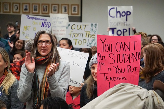 The Rochester School Board heard from 37 teachers, staff, and parents, all of whom spoke against proposed layoffs, during its meeting last Thursday. - PHOTO BY GINO FANELLI