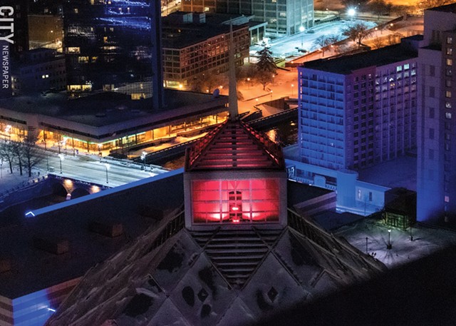 Legacy Tower was lit up in red to honor Susan B. Anthony's birthday. - PHOTO BY RYAN WILLIAMSON