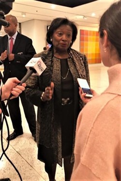 Senate Leader Andrea Stewart-Cousins speaking to reporters on February 27. - PHOTO BY KAREN DEWITT, WXXI NEWS