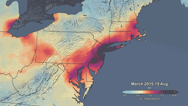 NASA scientists used satellite data to determine that in the Northeast, nitrogen dioxide emissions this past March were 30 percent below the March 2015-2019 average. - PHOTO ILLUSTRATION BY JACOB WALSH / IMAGES COURTESY NASA'S SCIENTIFIC VISUALIZATION STUDIO