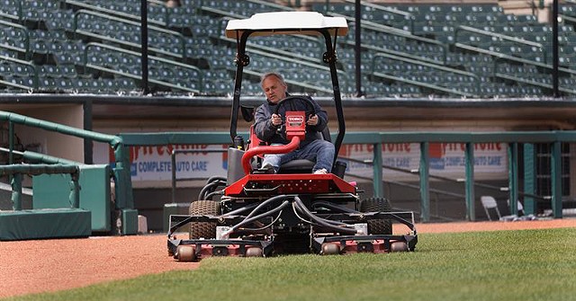 Gene Buonomo trims the grass at Frontier Field on what would have been the morning of a Rochester Red Wings homestand against the Columbus Clippers on May 5, 2020. - PHOTO BY MAX SCHULTE