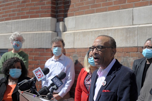 The Rev. Lewis Stewart speaks to reporters on Monday, June 1, 2020, about the Black Lives Matter demonstration that took place over the weekend. - PHOTO BY JEREMY MOULE