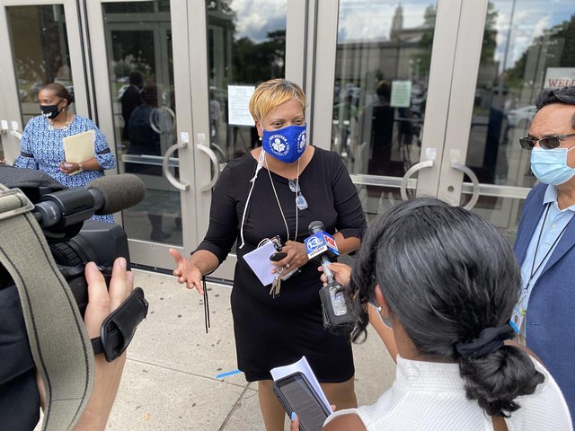 Rochester Superintendent Lesli Myers-Small speaks to reporters outside the School of the Arts on Thursday, July 30, 2020. - PHOTO BY JAMES BROWN