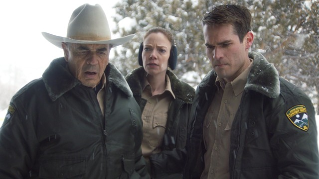 (Left to right) Robert Forster, Riki Lindhome, and Jim Cummings in “The Wolf of Snow Hollow.” - PHOTO COURTESY OF ORION PICTURES