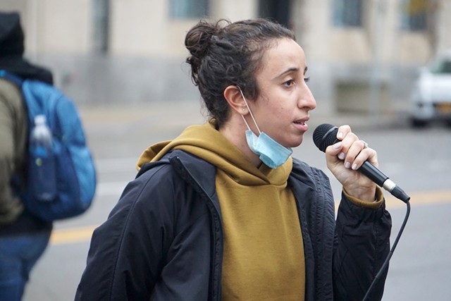 Iman Abid-Thompson, director of the Genesee Valley Chapter of the New York Civil Liberties Union, at a protest outside District Attorney Sandra Doorley's office on Thursday, Oct. 22, 2020 - PHOTO BY GINO FANELLI