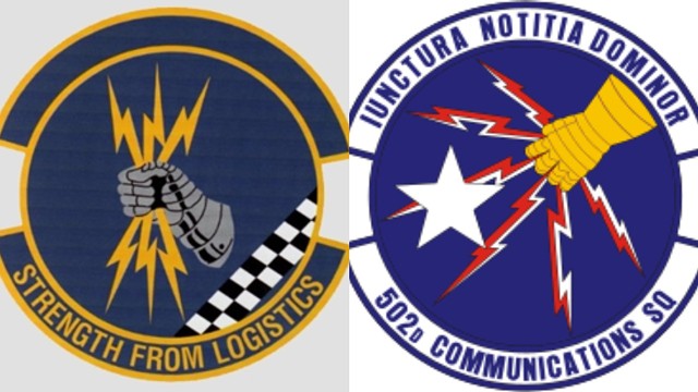 Insignias for the now inactive U.S. Air Force's 85th Logistics Squadron, left, and the U.S. Air Force's 502nd Communications Squadron.