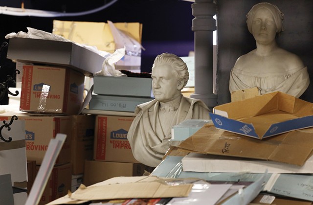 Busts of Hiram and Elizabeth Sibley sit among miscellaneous items at the Rochester Historical Society on University Avenue. - PHOTO BY MAX SCHULTE