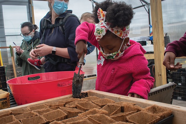 Myree helps her mother, Taproot Collective board chair Leslie Knox, plant some seeds in the greenhouse at First Market Farm. - PHOTO BY RYAN WILLIAMSON