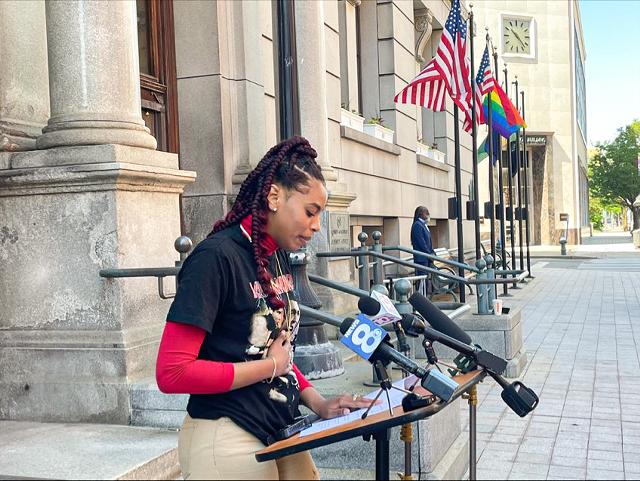 LaKaya Sinclair, who accused Monroe County Legislator Ernest Flagler-Mitchell of sexual harassment, repeated her call for him to resign during a June 4 news conference. - PHOTO BY REBECCA RAFFERTY