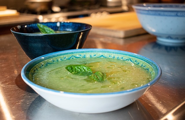 Sweet and herby, this chilled melon and basil soup is made with honeydew, limes, olive oil, and basil. - PHOTO BY JACOB WALSH