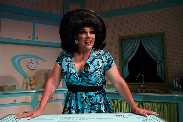 Ed Popil, in drag as Mrs. Kasha Davis, looks on the set of his children's TV show "Imagination Station" at Blackfriars theatre. - PHOTO BY MAX SCHULTE / WXXI NEWS