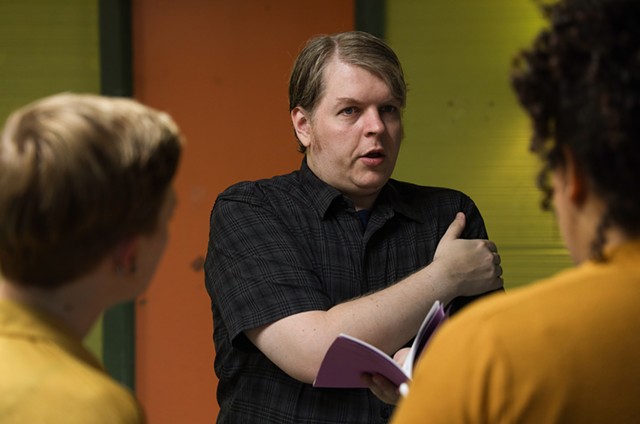Rielly directs a rehearsal for Mark Ravenhill's play "Ghost Story," which is being performed Sept. 14 and 20, 2021 at the MuCCC as part of the Rochester Fringe Festival. - PHOTO BY MAX SCHULTE / WXXI NEWS