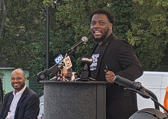 Rashad Smith, co-founder of ROC Freedom Riders, speaks at The International Plaza on North Clinton Ave. on September 15, 2021. - PHOTO BY DANIEL J. KUSHNER