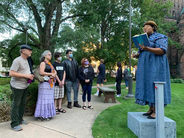Anna Murray Douglass — played by Anisha Stallworth — talks about her marriage to Frederick Douglass and her role in the abolitionist movement at "flOUR CITY Interactive ROCgarden" on Sept. 19, 2021. - PHOTO BY ROCHESTER CONTEMPORARY ART CENTER STAFF
