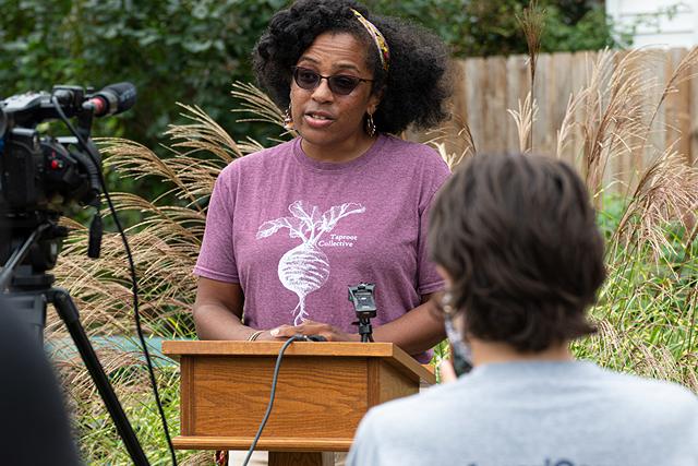 Leslie Knox, chair of Taproot Collective's board, believe the grant announced Wednesday, Oct. 6, will give neighbors long-term rights to the garden properties. - PHOTO BY JACOB WALSH