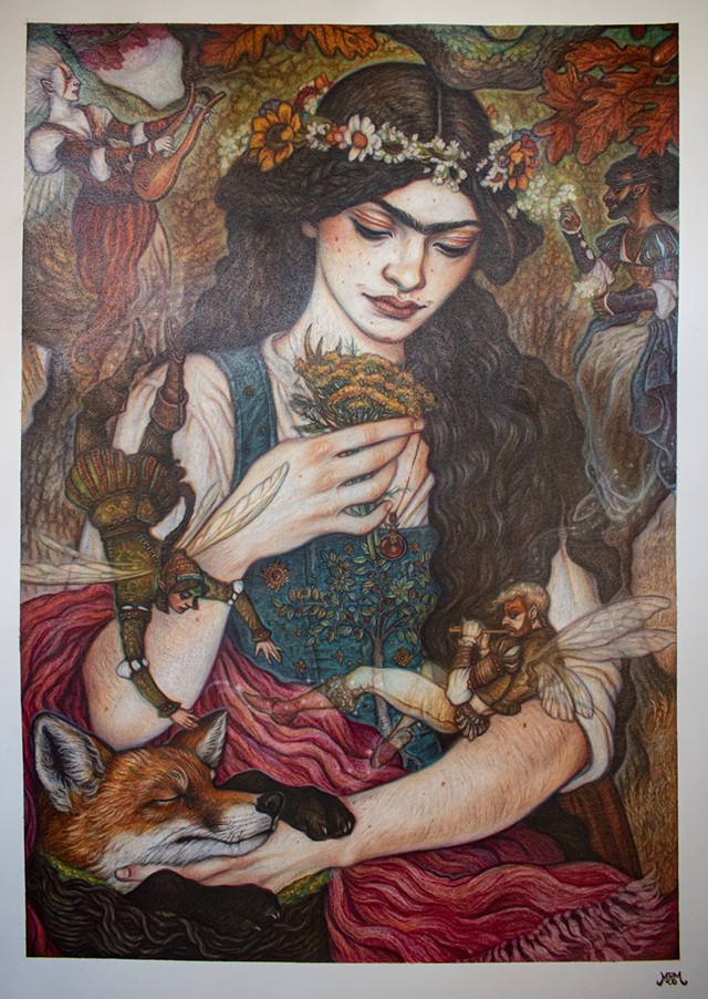 Rork Maiellano's colored pencil work, "A Witch and Her Friends," was inspired by the Benandanti of Italian lore. - PHOTO BY JACOB WALSH