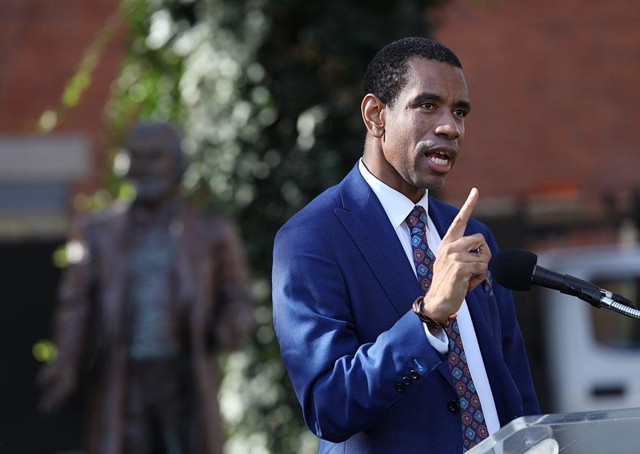 Malik Evans, Rochester's presumptive mayor-elect, called whoever vandalized the Douglass statue "an idiot" during the reinstallation event on Wednesday, Oct. 27, 2021. - PHOTO BY MAX SCHULTE
