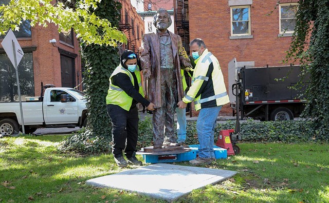 The Frederick Douglass statue that was vandalized in early September 2021 in Aqueduct Park is reinstalled Wednesday, Oct. 27, 2021. - PHOTO BY MAX SCHULTE