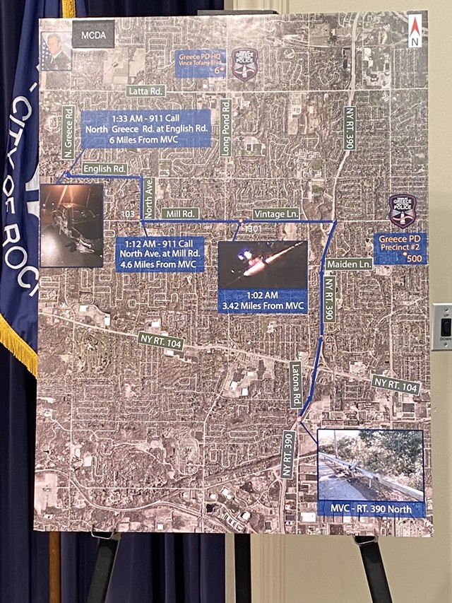 A map outlining former Greece Police Chief Andrew Forsythe's travels. The image in the middle of the map shows sparks flying from  the vehicle thought to be his traveling on Route 390. - PHOTO BY JAMES BROWN