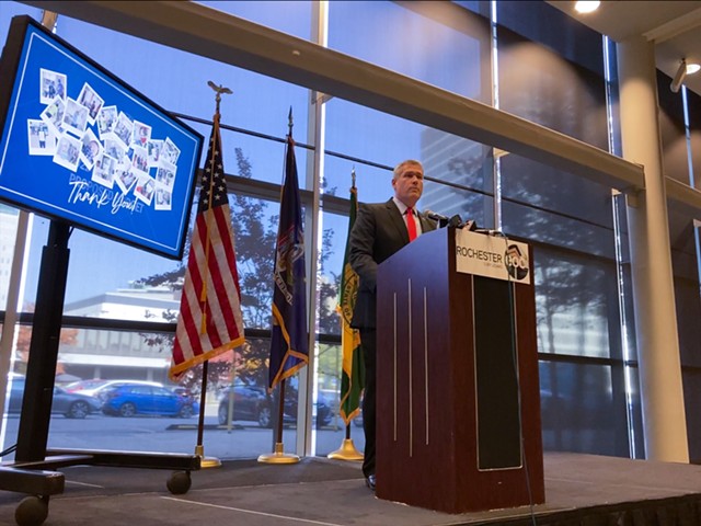 County Executive Adam Bello released his 2022 budget proposal Tuesday at the Rochester Educational Opportunity Center on Chestnut Street. - PHOTO BY JEREMY MOULE