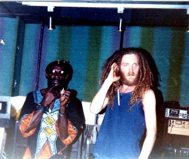 Legendary reggae musician Lee "Scratch" Perry, left, and Ron Stackman, of the Majestics, during a recording session in Jamaica for the album "Mystic Miracle Star" in 1981. - PHOTO PROVIDED