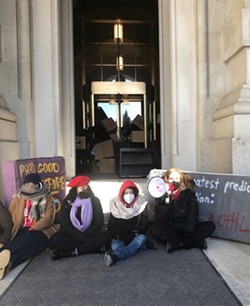 Tenant advocates barricaded an entrance to the State Capitol on Tuesday, Jan. 11, 2022, to protest the end of the state's eviction moratorium and to call for a law to ensure greater protections for renters. - PHOTO BY KAREN DEWITT / NEW YORK STATE PUBLIC RADIO