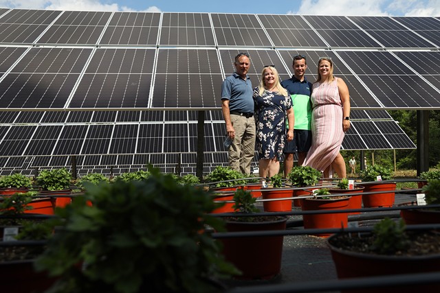 Charlie and Sarah Remelt with son Parker Remelt and future daughter in-law, Allison Bergamo, on their family farm in Henrietta. A portion of the farmland is now leased to Delaware River Solar. The Remelts are growing mums between the solar panels. - PHOTO BY MAX SCHULTE