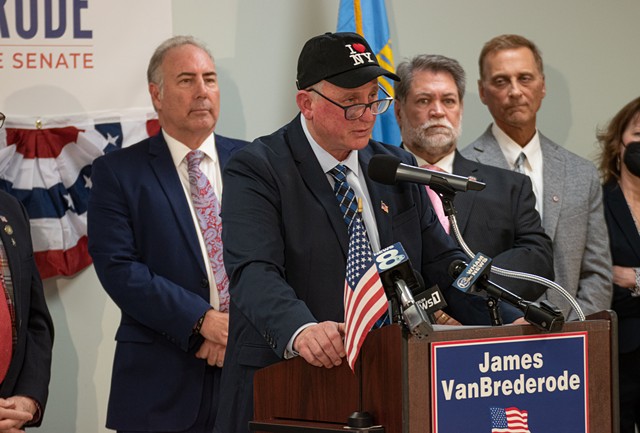 Former Gates Police Chief Jim VanBrederode announcing his run for the State Senate in February. - PHOTO BY JACOB WALSH