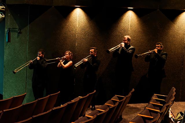 Ben David Aronson, Liza Malamut, Jared Wallis, Garrett Lahr, and Erik Schmalz play baroque trumpets in Pegasus Early Music's production of "L'Orfeo." - PHOTO BY GERRY SZYMANSKI