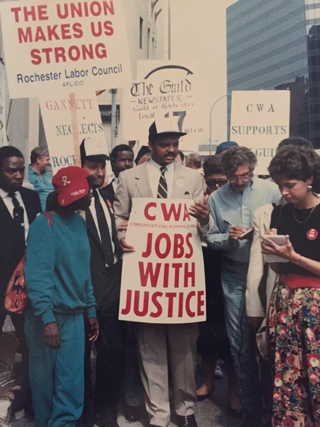 The Rev. Jesse Jackson joined picketing Rochester Democrat and Chronicle and Times-Union journalists outside the Gannett Building in September 1989. - PHOTO PROVIDED BY THE NEWSPAPER GUILD OF ROCHESTER