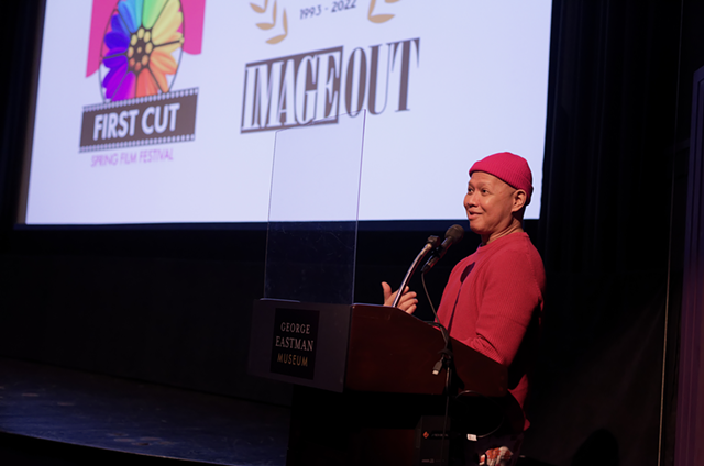 At the ImageOut film festival's First Cut Spring Festival in 2022, Michael Gamilla speaks from the stage at the George Eastman Museum's Dryden Theatre. - PHOTO BY GERRY SZYMANSKI